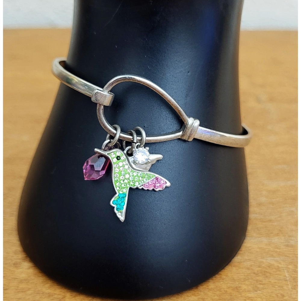 Sterling Silver Italy Charm Cuff Bracelet Dangling Crystal Beaded Hummingbird CZ